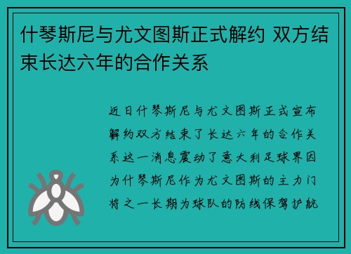 什琴斯尼与尤文图斯正式解约 双方结束长达六年的合作关系 什琴斯尼与尤文图斯正式解约 双方结束长达六年的合作关系