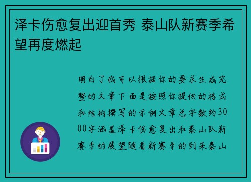 泽卡伤愈复出迎首秀 泰山队新赛季希望再度燃起